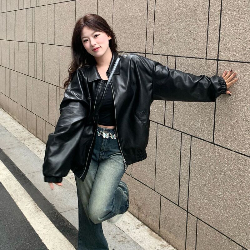 美式复古黑色皮衣外套女春秋新款2025年辣妹感美拉德穿搭上衣|undefined