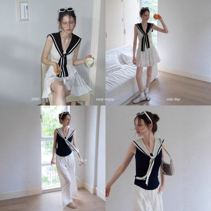 Eggka Navy Collar Tie Slim-Fit Knit Vest for Women, Summer Korean Style, Slimming, Elegant, Sweet Sleeveless Top
