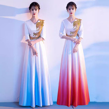 中国风红歌大合唱团演出服女长裙新款气质主持人舞台表演指挥礼服