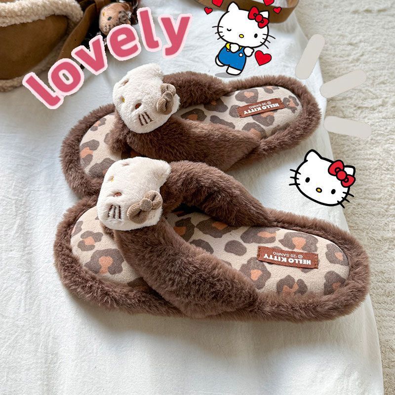 Authentic Hello Kitty Flip-Flops for Women in Autumn and Winter Home Ins Girly Heart Furry Outer Wear Leopard Print Cotton Slippers for Women
