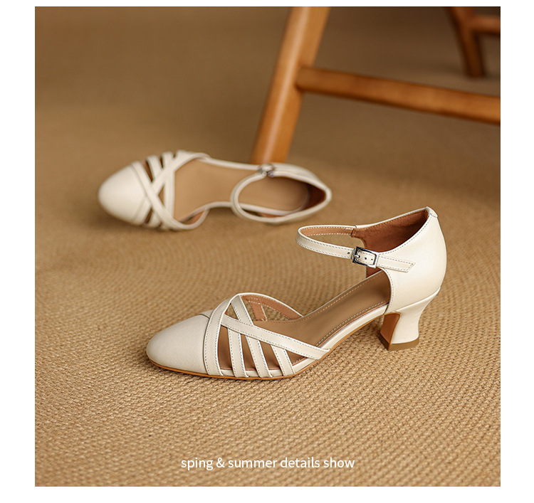 Sandal nữ quai hậu mũi nhọn retro da bò gót 5 cm kiểu La Mã — Màu trắng nhạt chi tiết 19