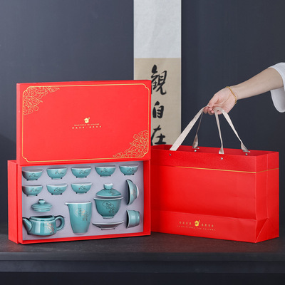 新款豆青功夫茶具套装创意家用办公商务促销陶瓷礼品茶具批发|ms