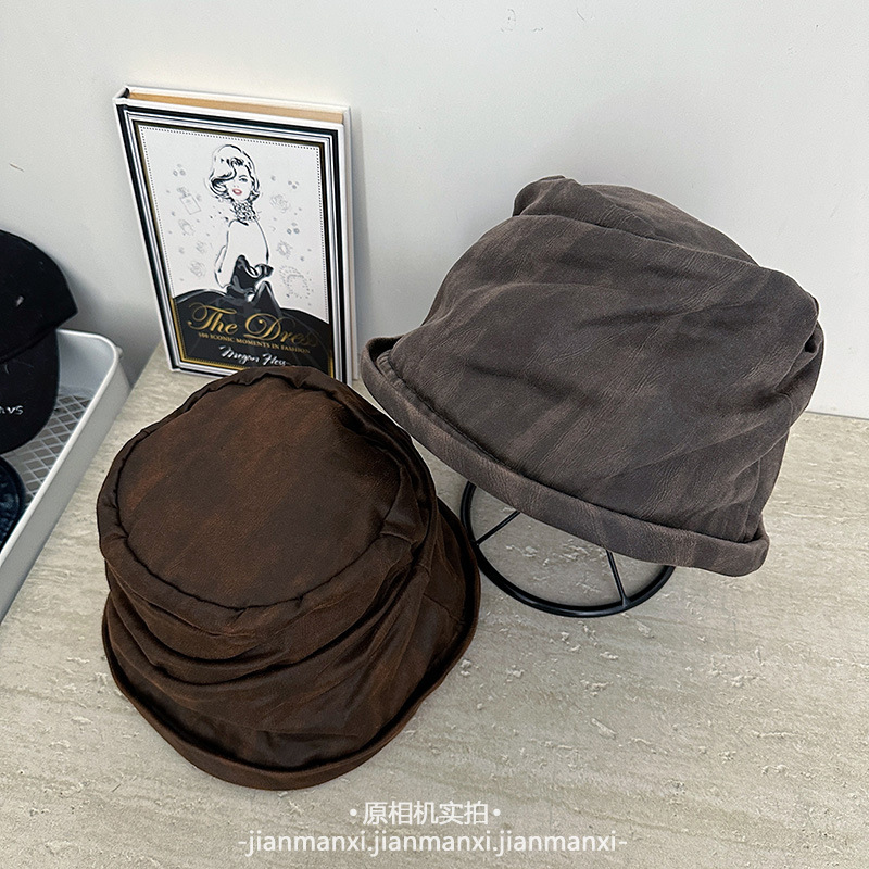 废土风秋冬新款褶皱水桶帽女款日系简约翻檐复古做旧百搭渔夫帽|undefined
