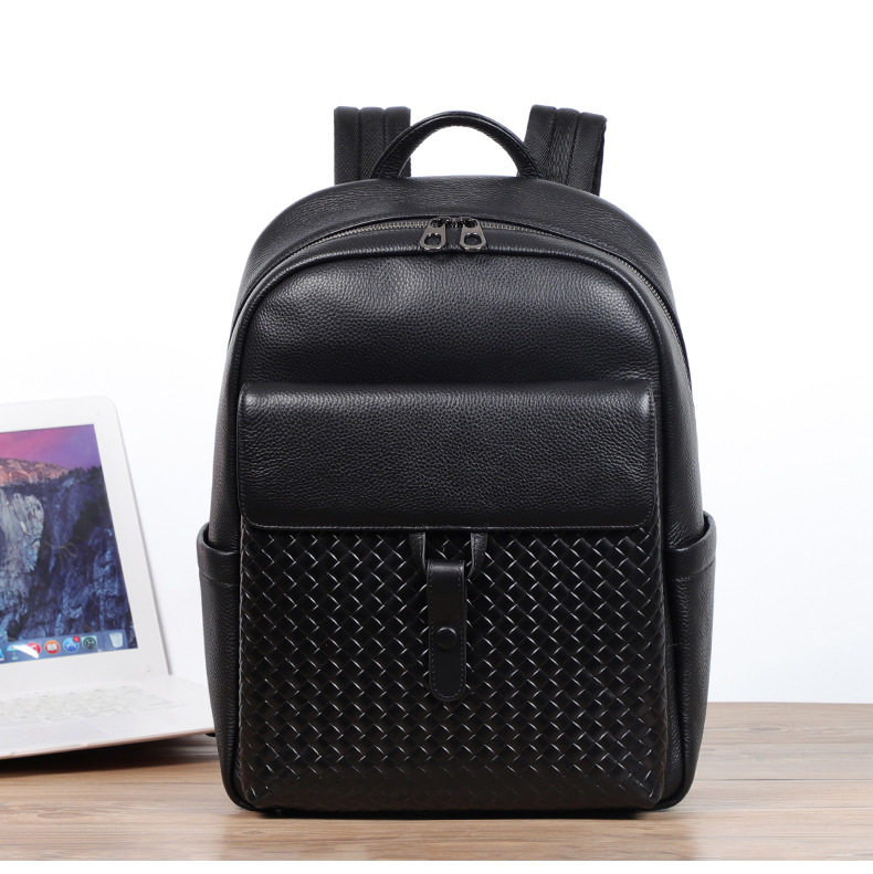 Ba lô nam da bò thật đan dệt đa chức năng có ngăn laptop 15 inch — Màu đen chi tiết 3
