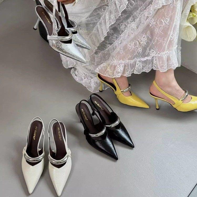 2025 New French Pointed Toe Stiletto Women's Shoes Spring Dress Backless Mary Jane High Heels Trendy