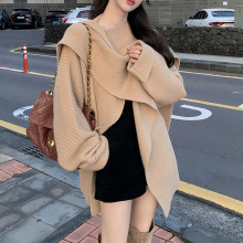 复古设计感毛衣女宽松显瘦围巾领外套秋冬新款慵懒风针织开衫