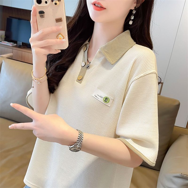 Camiseta de manga corta con cuello de polo de dos piezas falsas de waffle de talla grande para mujer 2024 verano nuevo estilo coreano suelto de media manga superior