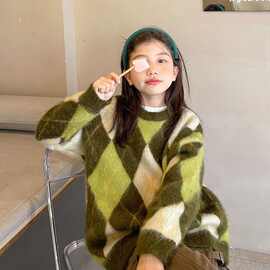女童针织衫2025秋冬款中大童洋气菱格加厚毛衣潮童装儿童上衣潮