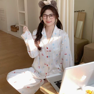 加工定制冰丝睡衣女春秋新款长袖大码开衫套装仿真丝绸可爱小红书