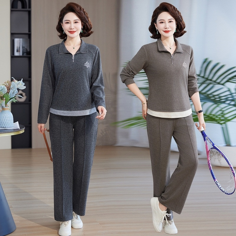 妈妈时尚薄长袖衣中年女装秋装新动服中老年春秋休闲套装两件套|undefined
