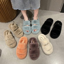 外贸毛毛拖鞋2022欧美大码女鞋后绑带居家女平底防滑保暖糖果色