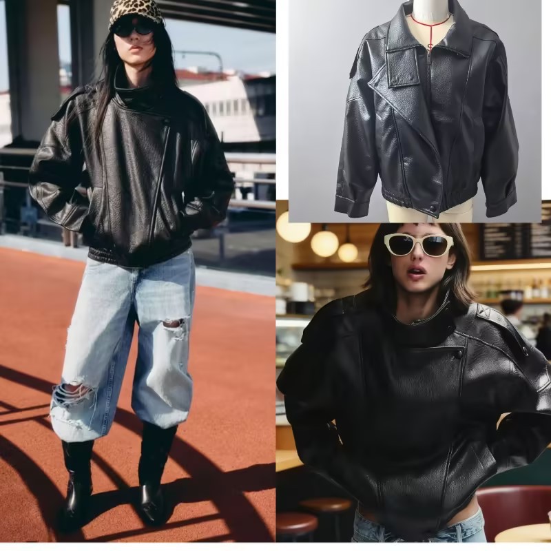 Wholesale Popular European and American Style Women's Fashion Motorcycle Jacket Silhouette Faux Leather High-End Stand Collar Jacket for Aliexpress