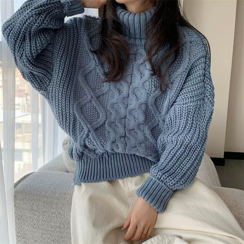 纯色麻花高领套头毛衣女2025秋冬新款韩版宽松休闲慵懒风针织上衣