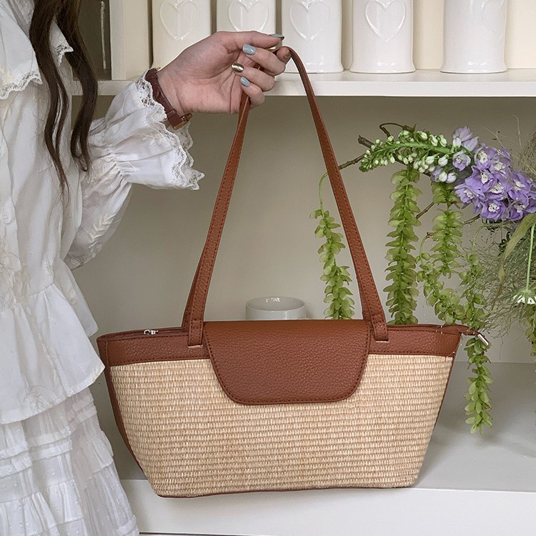 Storage Basket Bag, Rattan Handbag, Woven Shoulder Bag, Handmade Natural Rattan & Seagrass, Leather Trim, Eco-Friendly, Lightweight, Durable For Daily_voghion.com