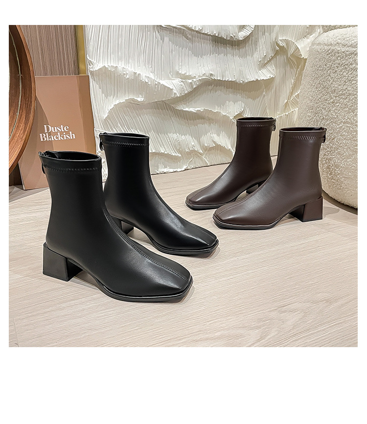 Courtes en cuir véritable pour femmes, nouvelle botte française haute et fine, tête carrée épaisse, printemps et automne 2024_voghion.com