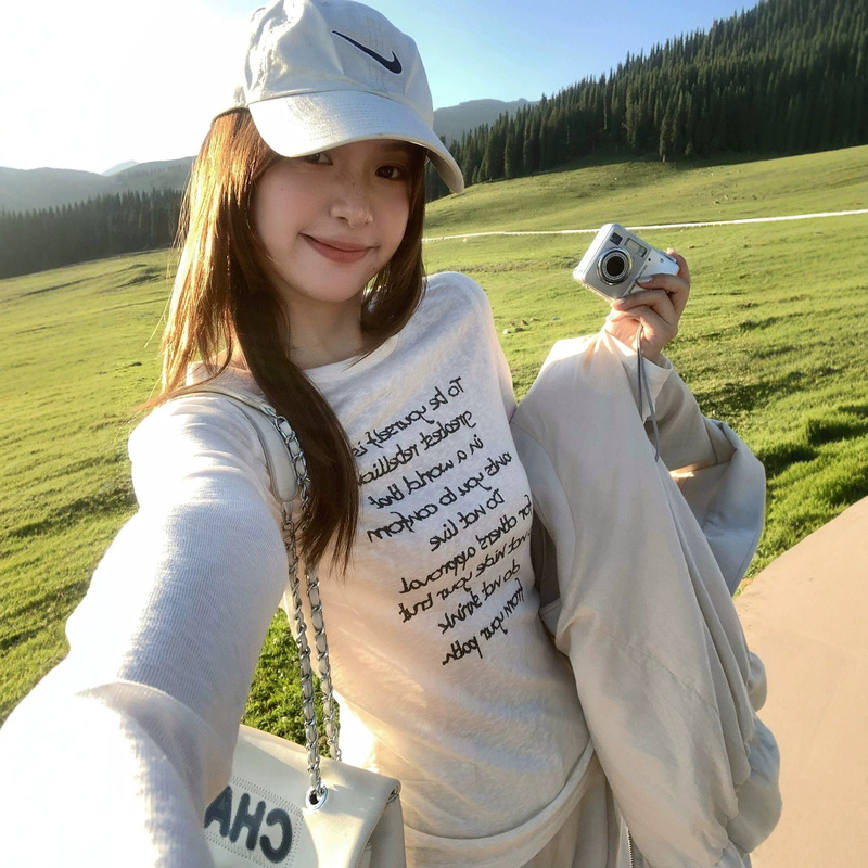 London Weekend/Casual Drawstring Letter Print Lyocell Long Sleeve T-Shirt for Women London Weekend/Casual Drawstring Letter Print Lyocell Long Sleeve T-Shirt for Women