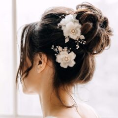 スーパーフェアリーブライダルヘアトリムクリップ 2 ペアベージュガーゼ花葉合金ヘアピン組み合わせ頭飾りクロスボーダー卸売