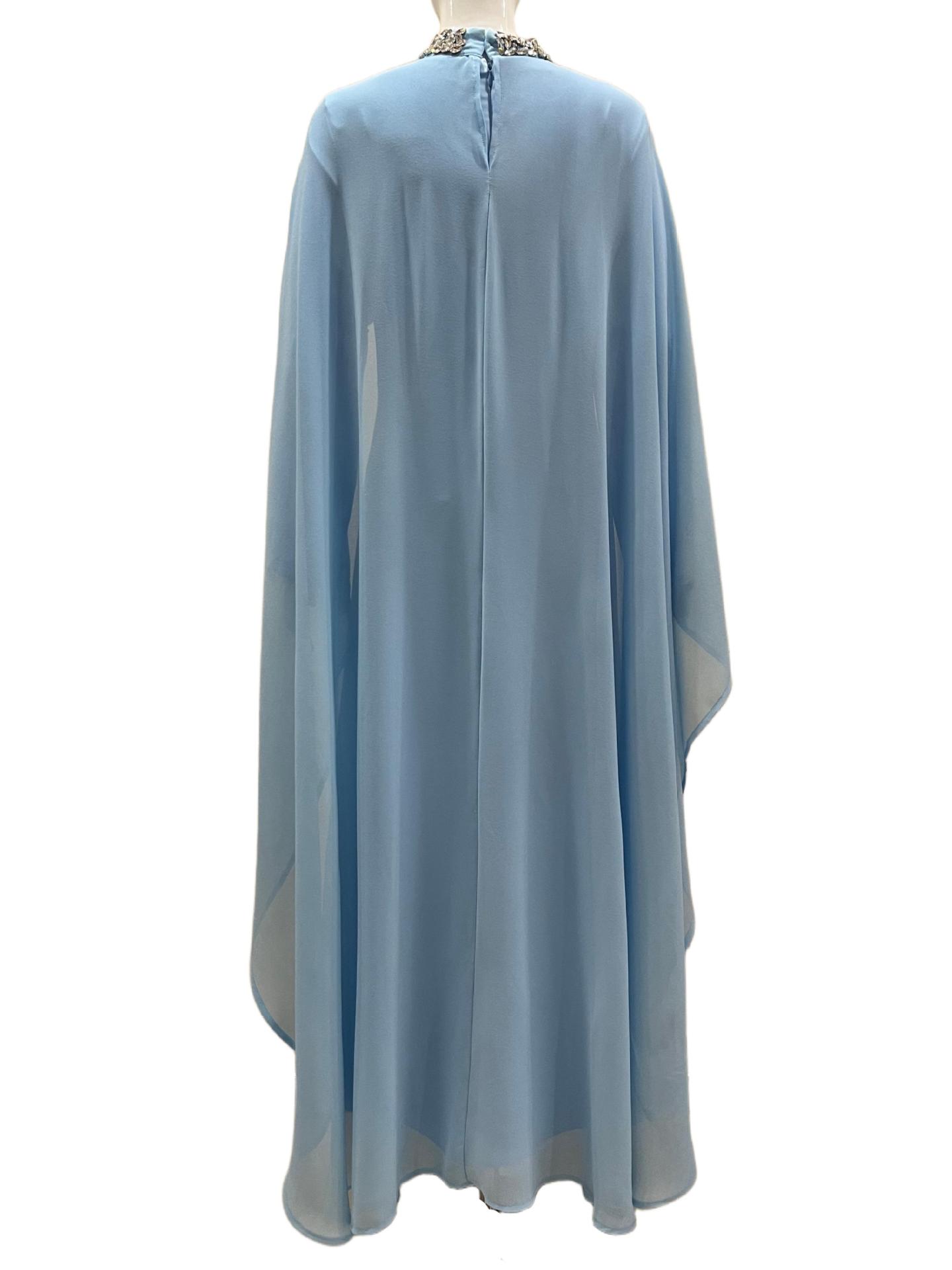 In-stock High-end Light Blue Diamond-embellished Cape Middle Eastern Dress Muslim Luxury Banquet Gown Arabian Robe_ecoleips.com