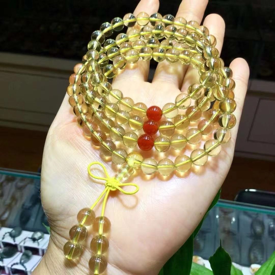 天然收藏级巴西黄水晶手链108颗佛珠念珠多圈手串男女款水晶饰品