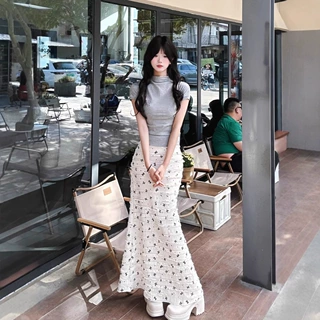 套装女2025夏季新款纯欲风辣妹修身短袖上衣高腰显瘦碎花半身长裙
