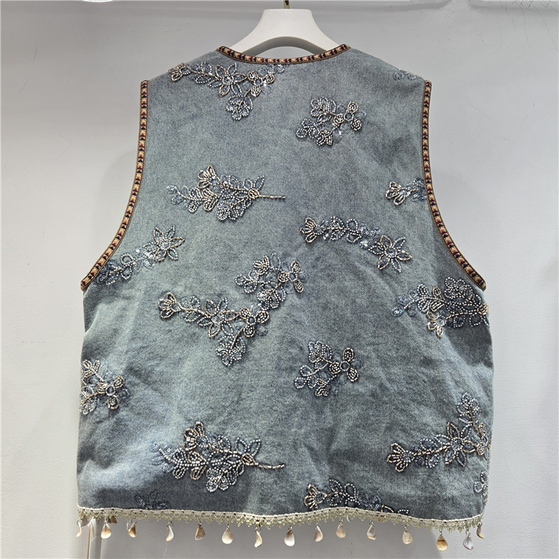 Europa industria pesada bordada chaleco de vaqueros mujeres 2026 primavera sin mangas cuello redondo clavos de perla estilo nacional cardigan abrigo temperamento de la marea image 2