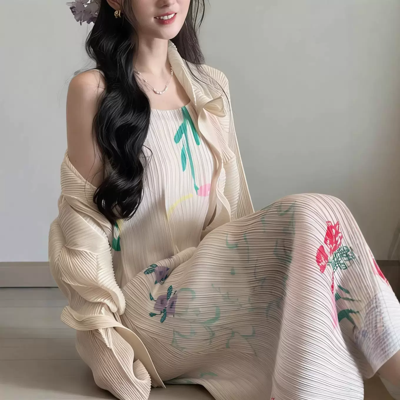 褶皱连衣裙套装女高级感两件套三宅无袖裙子开衫女装搭配一整套