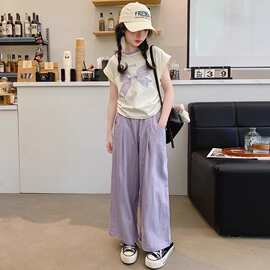 网红女童韩版薄款套装中大童夏季新款洋气蝴蝶结短袖休闲裤两件套