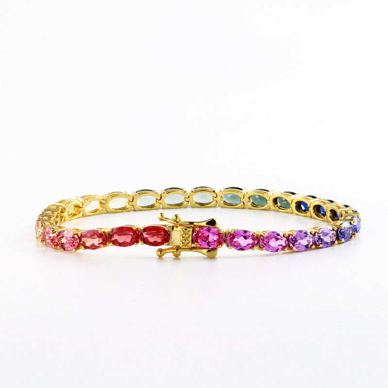 Cross-Border Hot-Selling New Model Cultured Pink Sapphire Gradient Rainbow 4*6mm Tennis Sterling Silver Bracelet Direct Supply from the Source Factory