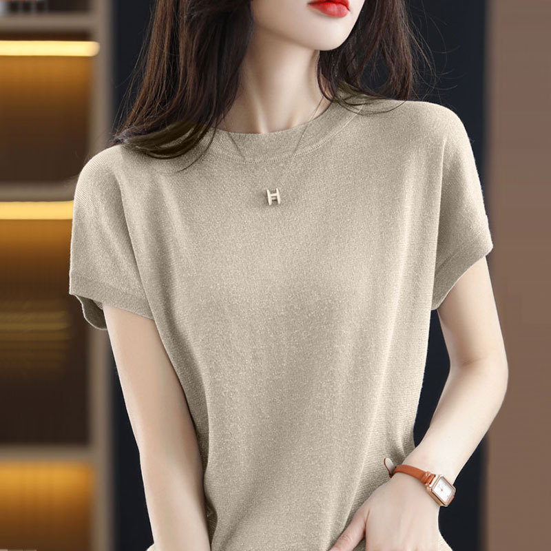 [Directly from the Manufacturer] Summer New Round Neck Tencel Short-Sleeved T-Shirt for Women Pure Color Versatile Loose Elegant Knitwear