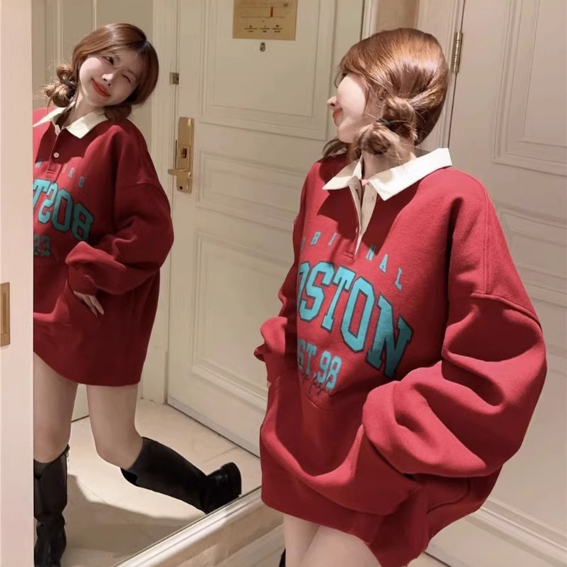 plus size Women's Autumn American Retro POLO Collar Loose Sweatshirt Women's Belly-Covering Slimming Top chubby girl 1.00 kg-150.00 kg