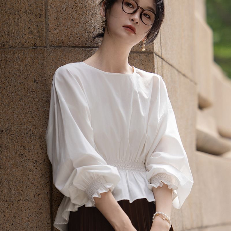 2025 ハイエンドラウンドネックフレンチファッションルーズ痩身お腹カバー長袖シャツ女性のファッショナブルな春と夏のトップ|undefined