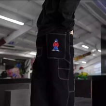 跨境潮牌街头潮流 Y2K嘻哈滑板宽松PoKAIFU刺绣牛仔裤Jeans高街