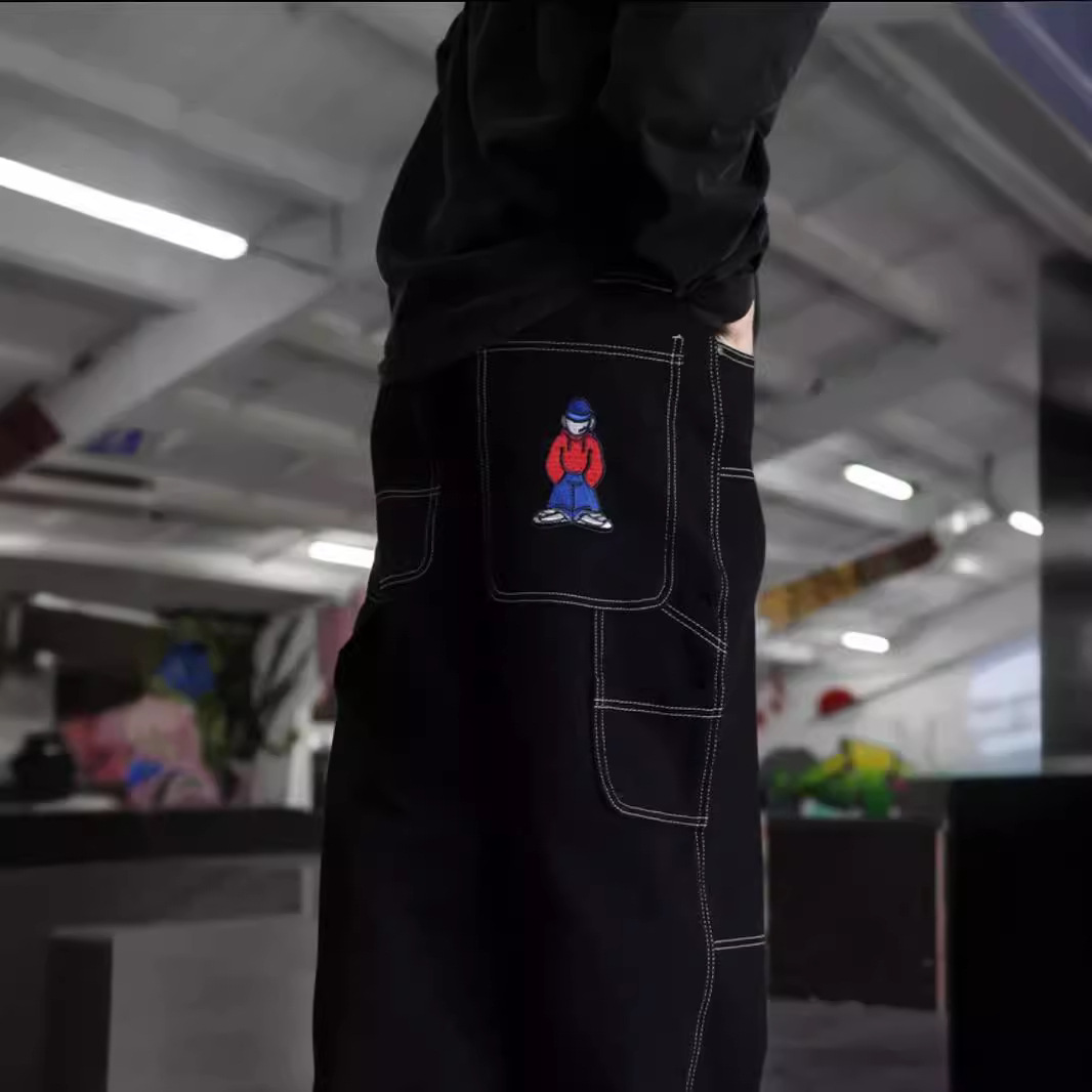 跨境潮牌街头潮流 Y2K嘻哈滑板宽松PoKAIFU刺绣牛仔裤Jeans高街