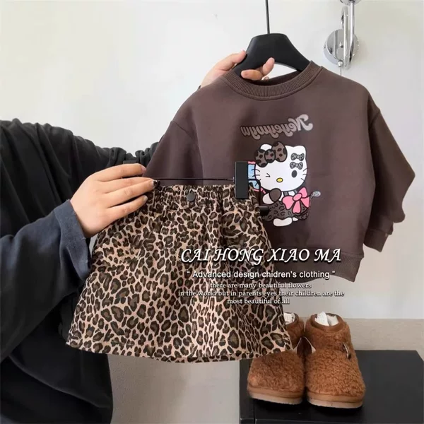 Korean Style Kidsren's Clothing Girls Cartoon Spring and Autum Suit 2025 Baby New Kidsren's Kt Thin Sweatshirt Leopard Print
