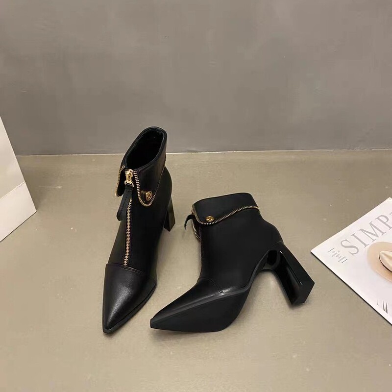 Pointed-Toe High-Heeled Short Boots for Women 2025 Autumn and Winter New Style Chunky Heel Slim Boots with Front Zipper, Stylish and Versatile, Fleece-Lined Martin Boots Pointed-Toe High-Heeled Short Boots for Women 2025 Autumn and Winter New Style Chunky Heel Slim Boots with Front Zipper, Stylish and Versatile, Fleece-Lined Martin Boots