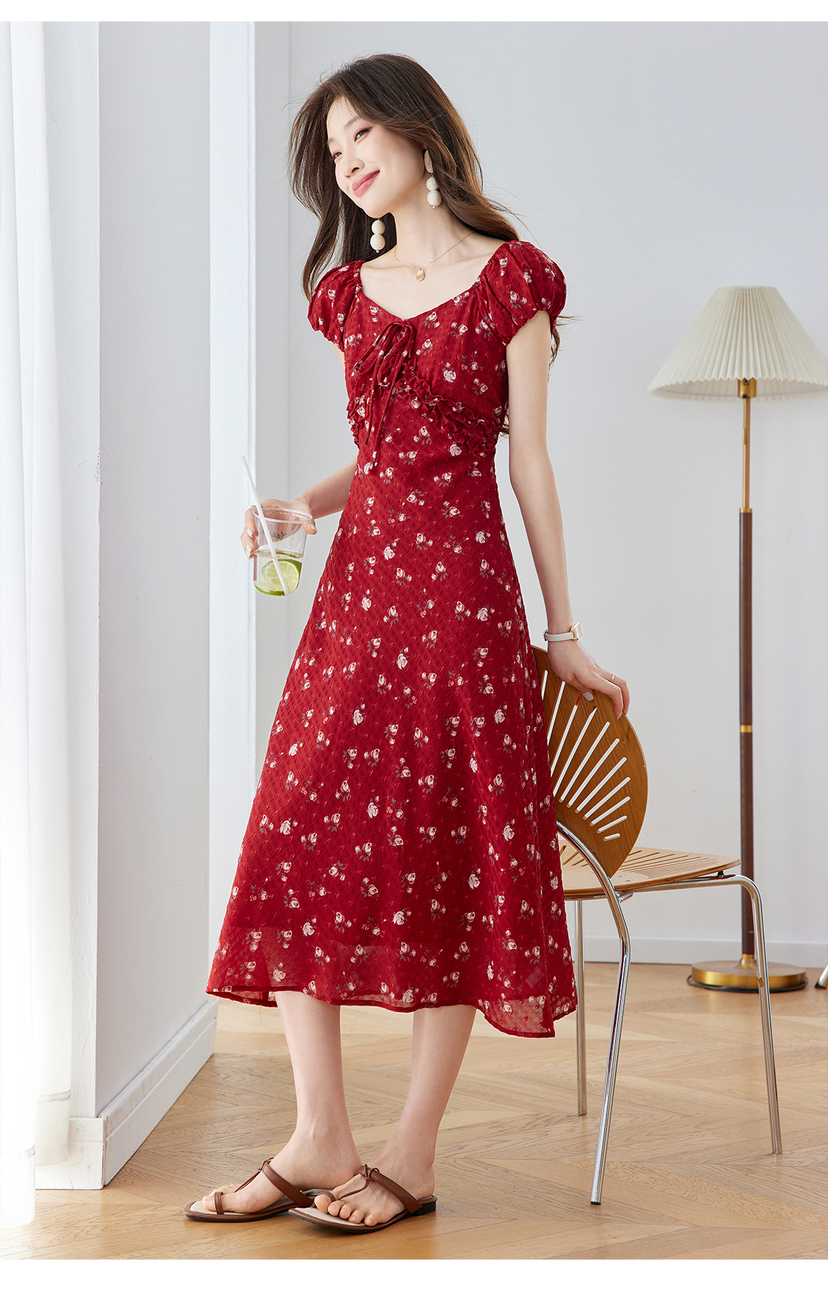 Đầm maxi nữ thắt eo cổ V họa tiết hoa nhí phong cách Pháp — màu vàng, màu đỏ chi tiết 23