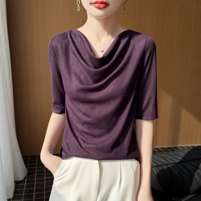 Cross-Border Wholesale Spring and Summer New Style Round Neck Short-Sleeved Women's Tops French Style Swing Collar Design Half-Sleeved Bottoming Shirt Large Size Cross-Border Wholesale Spring and Summer New Style Round Neck Short-Sleeved Women's Tops French Style Swing Collar Design Half-Sleeved Bottoming Shirt Large Size
