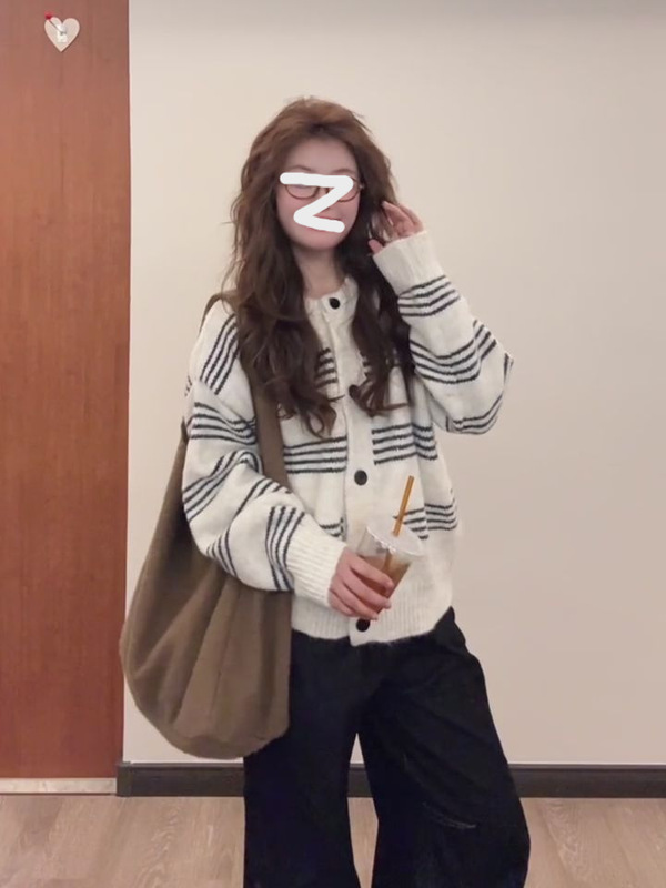 跨境条纹长袖开衫毛衣女春秋2025新款秋冬慵懒风宽松针织外套上衣|undefined