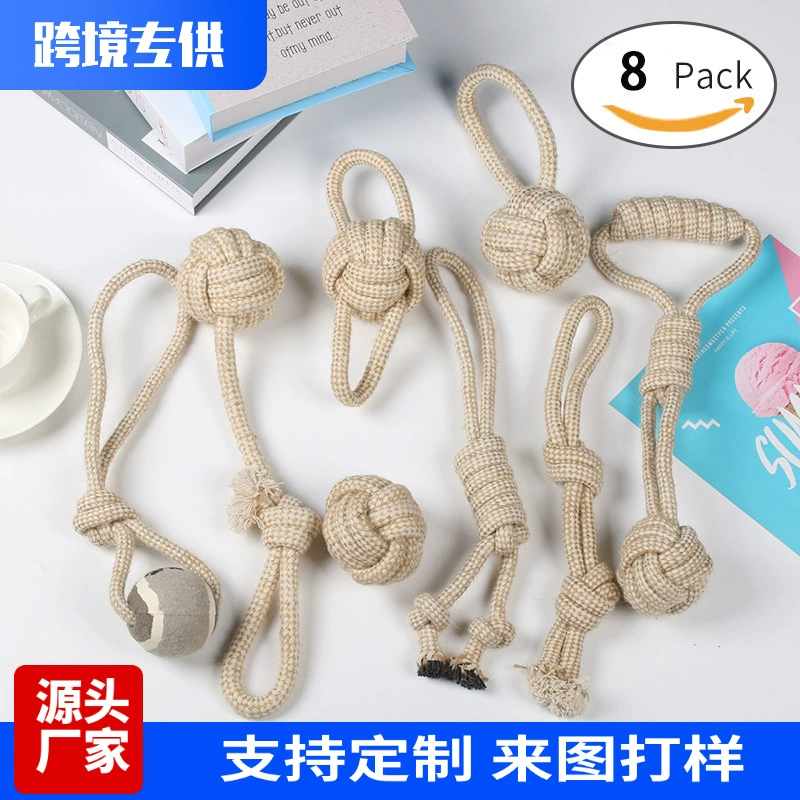 Оптовый производитель игрушек для животных: набор портативных игрушек для собак из конопляного хлопка и веревки, включая теннисный мяч и мяч-узелок для прорезывания зубов