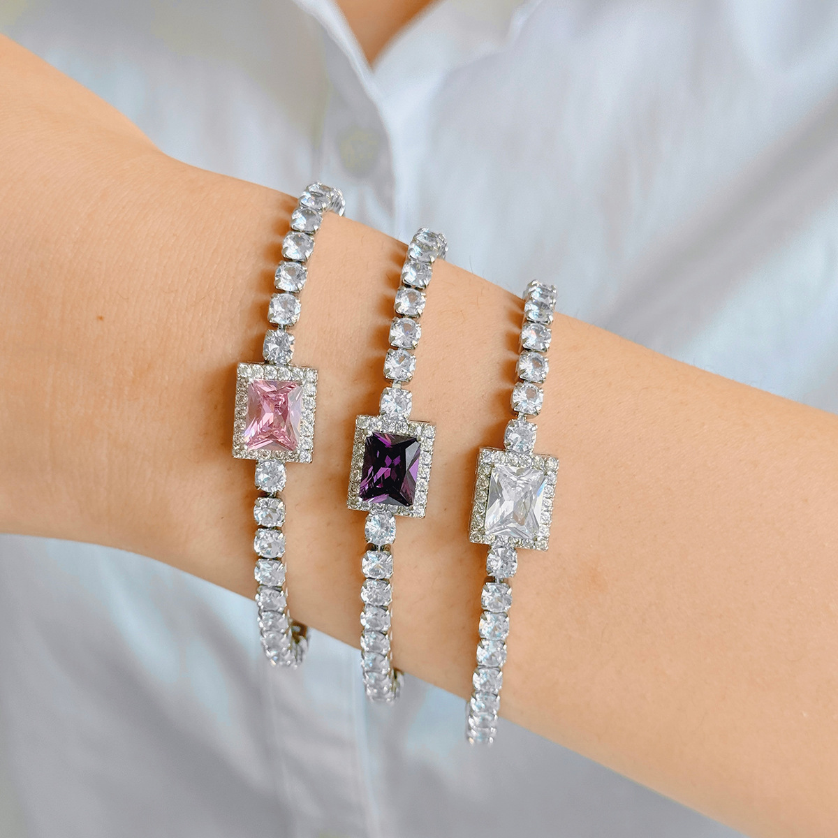 Kindergarten Cross-Border Hot-Selling Classic Square Design Inlaid with Exquisite and Compact Zircon Bracelets for Men and Women Tennis Bracelets Wholesale