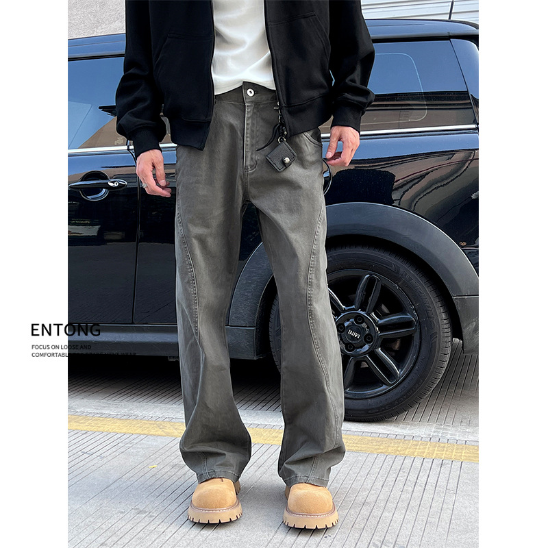 Men's Trendy High Street Distressed Patchwork Cargo Pants American Street Style Loose Straight Leg Casual Trousers_mkmklike.com