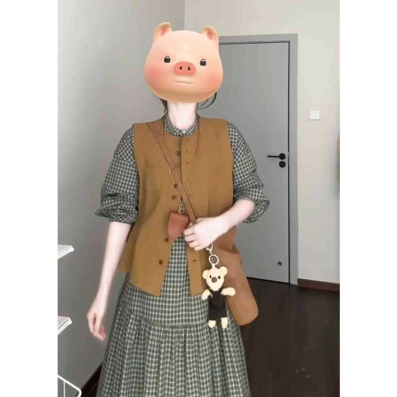 Vintage Japanese Style Spring All-suit Plaid dress Children's Fashionable Vest Jacket