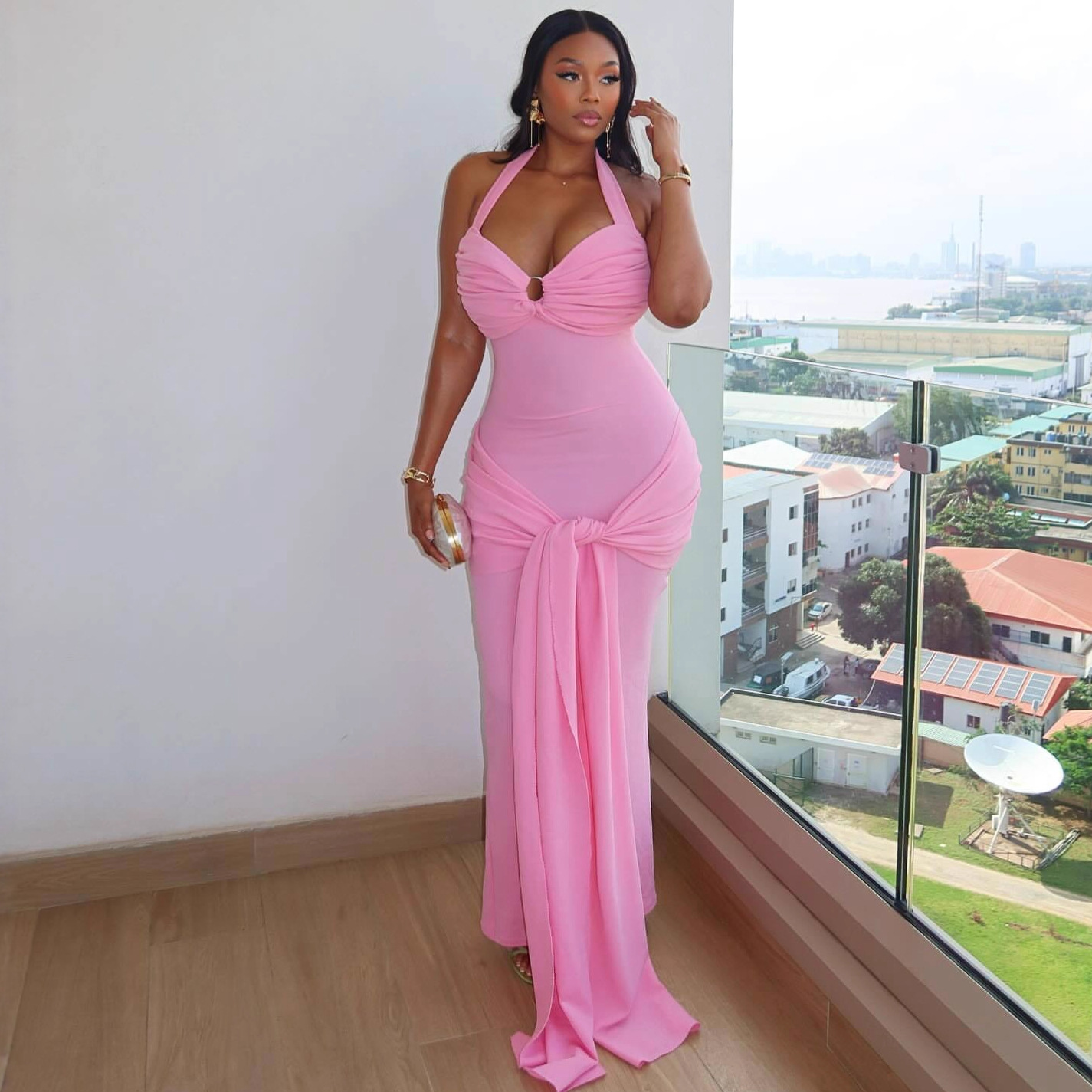 European and American Fashion New Mesh Splicing Elegant Fishtail Ribbon Dress Long Skirt African Slim Hip-Hugging Dress for Women