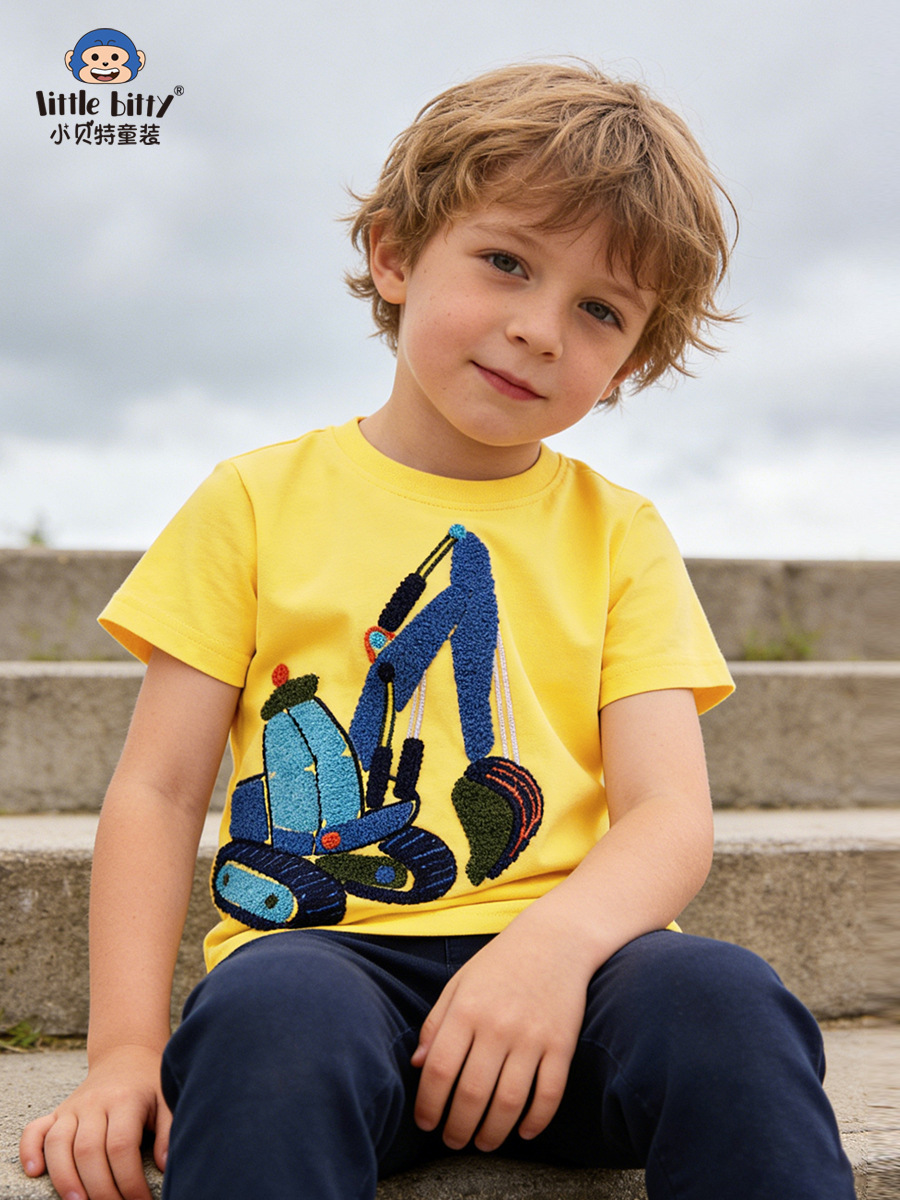 Cross-Border Children's Clothing 2026 Spring/Summer Boys' Short-Sleeve T-Shirt with Cartoon Excavator Towel Embroidery, Children's Round-Neck In-Stock Top