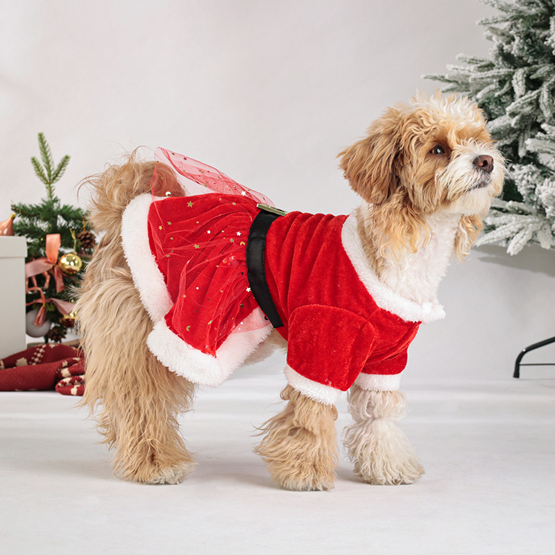 Navidad para mascotas ropa de perro vacaciones vestir arco rojo Navidad oro terciopelo malla falda