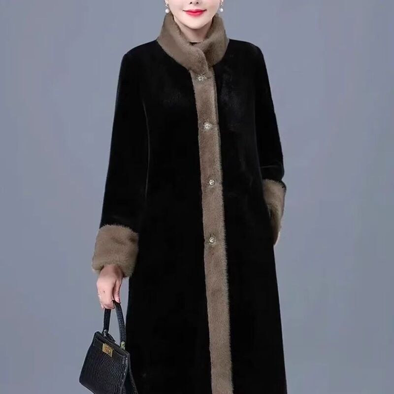 秋冬新款仿水貂绒撞色加厚皮草气质大衣女中长款洋气妈妈装外套|undefined