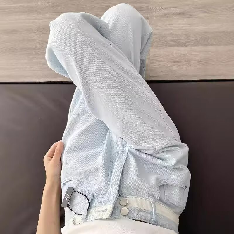 秋の新しいトレンディな女性用の背の高い人向けのコントラストカラーのストレートジーンズ、明るい色のハイウエストのゆったりとしたスリムなワイドレッグパンツ|undefined