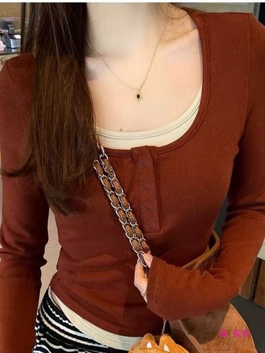 Oversized Two-Piece Long-Sleeve Women's Top for 2025 Spring Marigold Style, Round Neck Top, Fitted Base Shirt