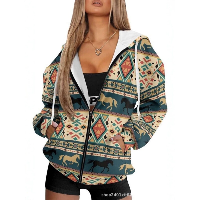 2026 new trendy women's retro Aztec-style 3D printed hooded sweatshirt with zipper, also available for men