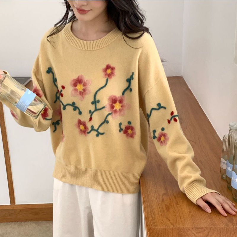 100纯羊毛衫女士25早秋冬季新款甜美穿搭刺绣针织打底衫毛衣女装|undefined